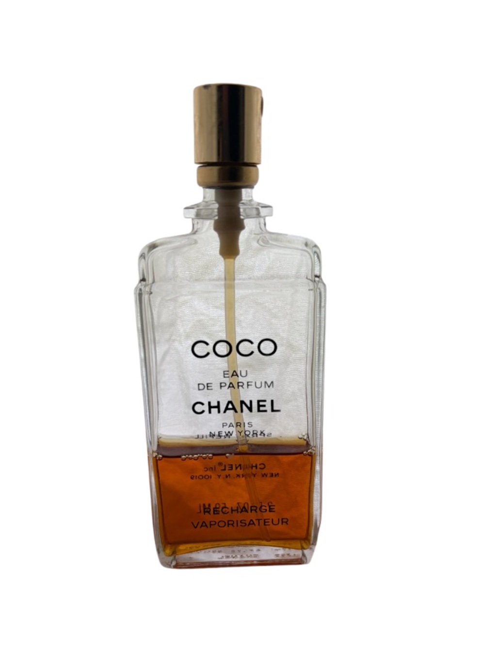 CHANEL COCO Eau de Parfum Bottle — Clear Glass with Amber Liquid and Gold Cap